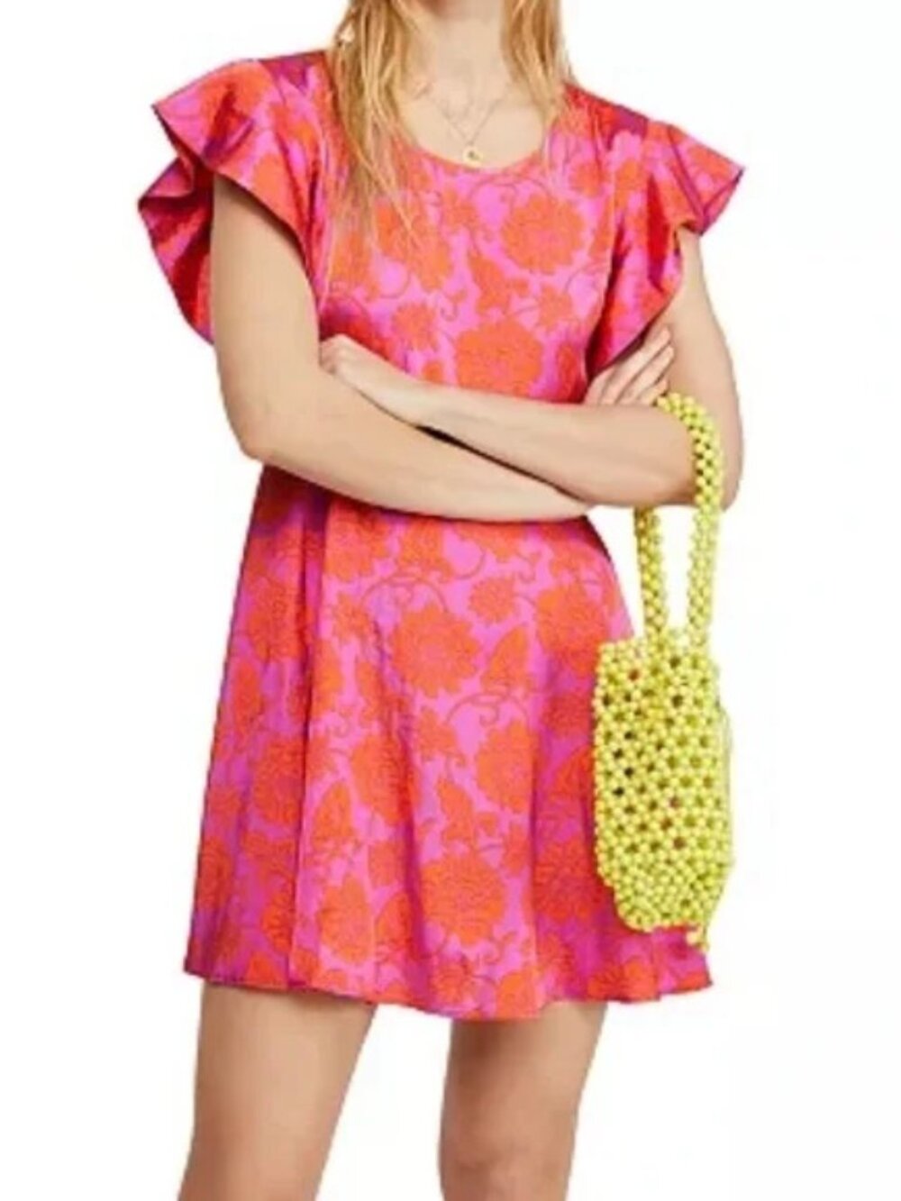 Free People Electric Posie Flutter Sleeve Mini Dress Pink Orange 8 NWOT